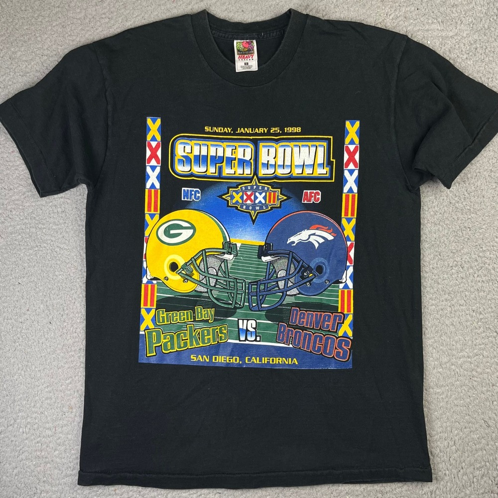 Super Bowl XXXII T-Shirt Mens L Black 1998 Packers vs Broncos Fruit of the Loom